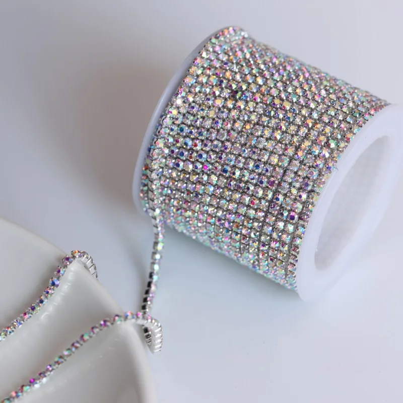 SS6-SS10-SS12-SS16-SS18-Klar-AB-Glas-N-hen-Auf-Rhinestone-kette-Mit-Silber-Basis