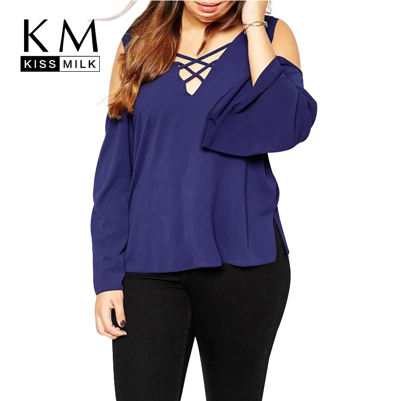 

Kissmilk 2016 Women Plus Size Off Shoulder Cross Solid Elegant Backless Flare Sleeve Sexy Deep V Neck Chiffon Blouse