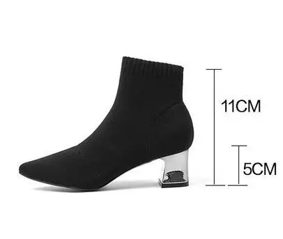 Черные эластичные сапоги с острым носком; зимние женские ботиночки; модные сапоги из эластичной ткани; Botines; обувь на высоком квадратном каблуке 7 см; Botas Feminino - Цвет: 5cm plush inside