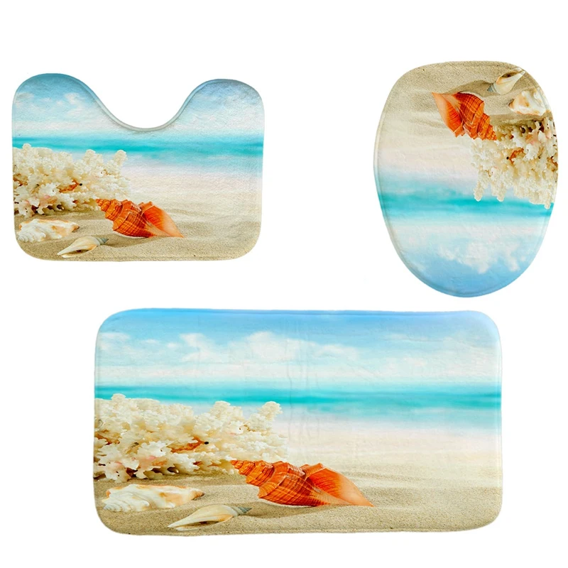 

4Pcs Home Bathroom Decor Set Yellow Conch Pattern Toilet Seat Cover Bath Mat Set+ Waterproof Shower Curtain
