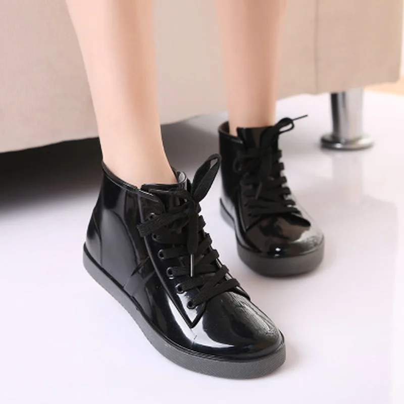 

New arrival rain boots flat waterproof with women shoes rain water woman ankle rubber lace boots