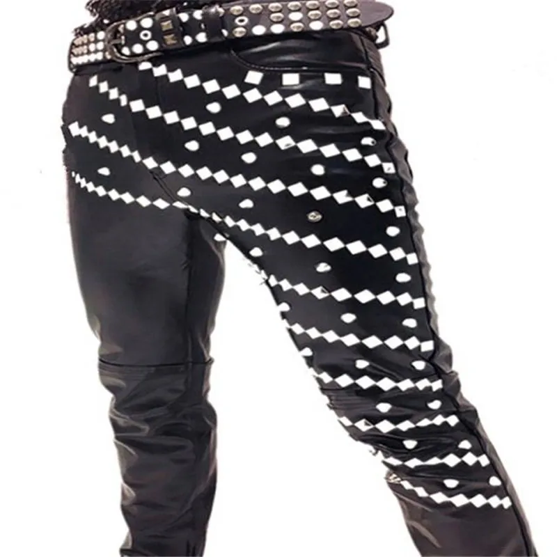Idopy новые мужские корейские готические панк сценические Revit брюки из искусственной кожи PU шипованные Вечерние черные кожаные брюки мужские