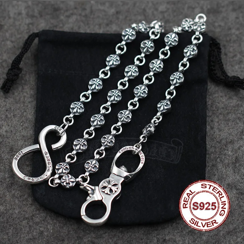 

S925 Men's Sterling Silver Trousers Retro personality punk style Ornament anchor cross rough chain Girls package chain Send love
