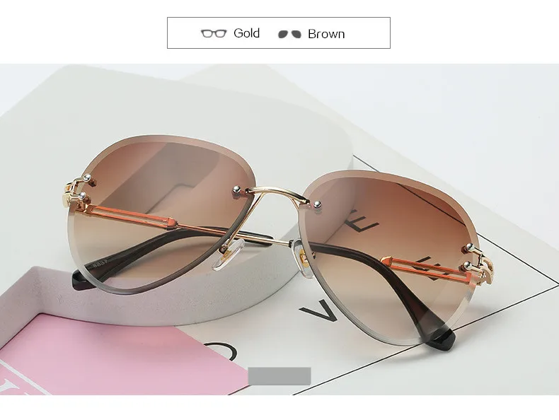 Солнцезащитные очки без оправы для женщин, фирменный дизайн, солнцезащитные очки, градиентные оттенки, режущие линзы, дамские бескаркасные металлические очки UV400