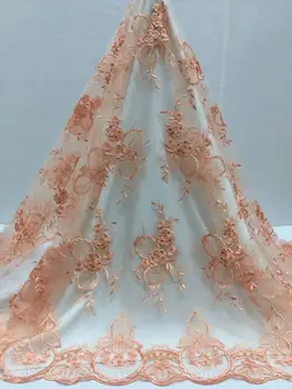 

2019 New style French net lace fabric 3D flower orange gold line African tulle mesh lace fabric high quality african lace fabric