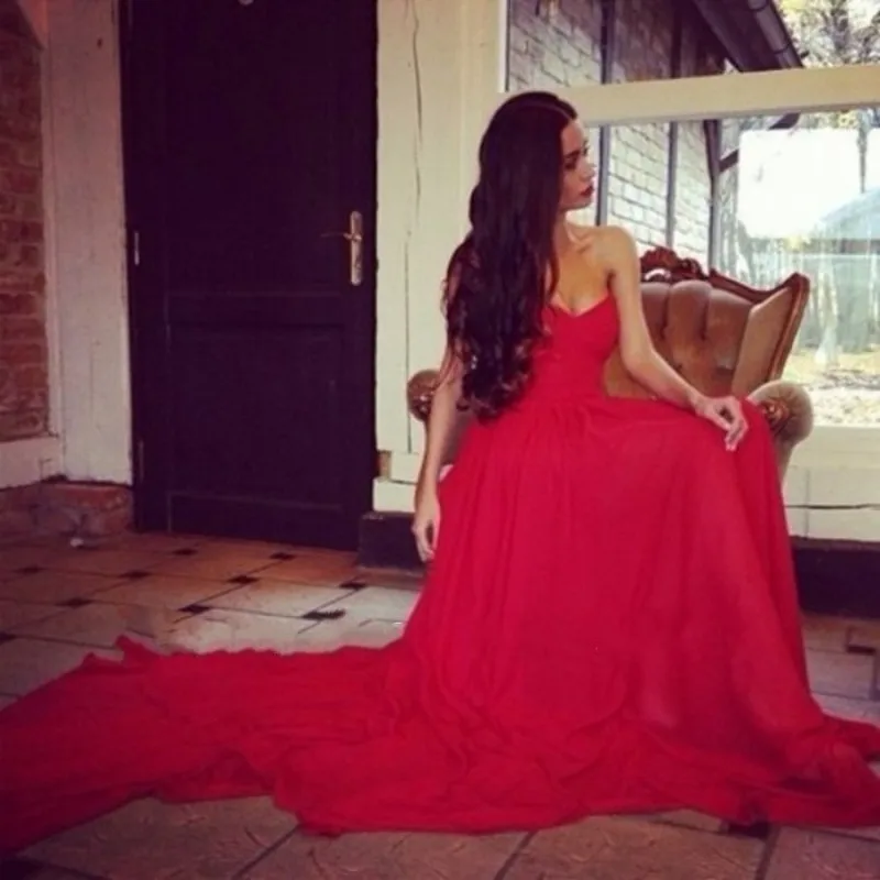 

2019 Evening Dresses A line Sweetheart Pleated Chiffon Long Train Charming Red Bridal Dress weddings & events Party Prom Dress