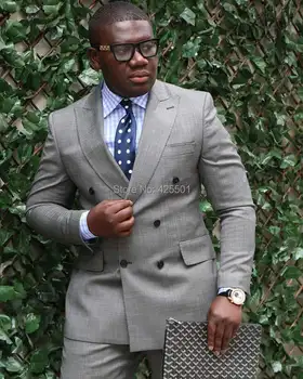 

2020 New Design Light Grey Wedding Suits For Men Slim Fit Mens Suits With Pants Costume Homme Double Breasted Groom Men Tuxedos
