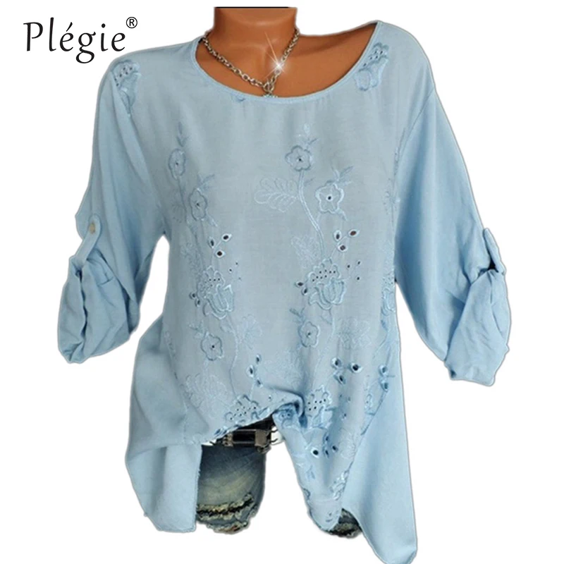 Cena Plegie Kwiatowy Haft Koszula Bluzka Kobiety O Neck Z Długim Rękawem Lato Jesień Top Koszule 5XL Plus Size Damskie Bluzki i bluzki