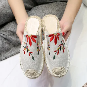 

mules slippers women shoes embroider dress shoes rhinestones outside basic high-end satin wearing sandals straw-woven flat-soled