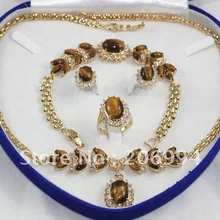 Ювелирных изделий натуральный тигровый глаз камень кулон ожерелье браслет серьги кольцо набор#02 Модный Ювелирный Набор