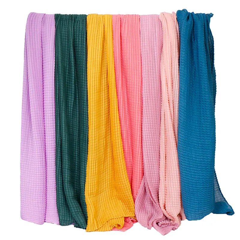 

New 2019 Women Plain Wrinkle Plaid Viscose Shawl Scarf Solid Color Wrap Warm Headband Stole Bufandas Muslim Hijab Snood 180*80Cm
