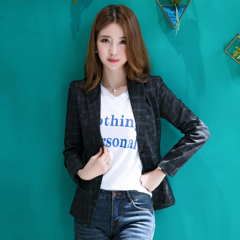 Autumn New Plaid Women Korean Lady Long Sleeve A Button Small Jacket Blazer | Женская одежда