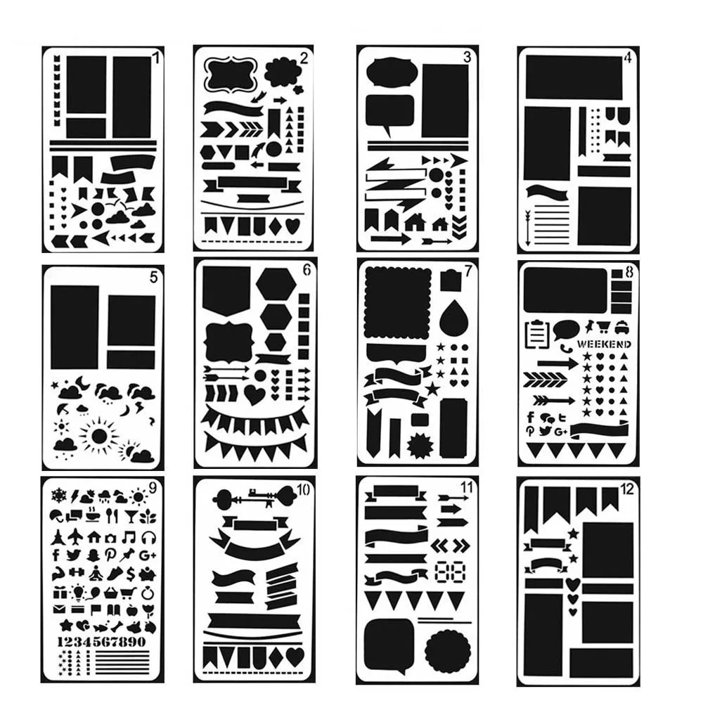 

12Pcs/Set DIY Journal Set Stencil Plastic Planner Drawing Hollow Template for Diary Notebook Scrapbook Craft Cutting Dies