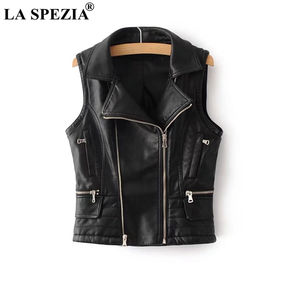 LA SPEZIA Black Waistcoat Women Biker Punk Vest Female Zipper Pockets Faux Leather Slim Fit Motorcycle Autumn Sleeveless Jacket