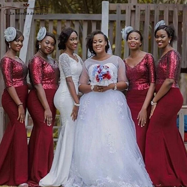 African Wedding Party Dress 2017 New Sequins And Satin Sleeves Y African Wedding Party Dress 2017 New Sequins And Satin Sleeves Y Mermaid Burgundy Bridesmaid Dresses Long
