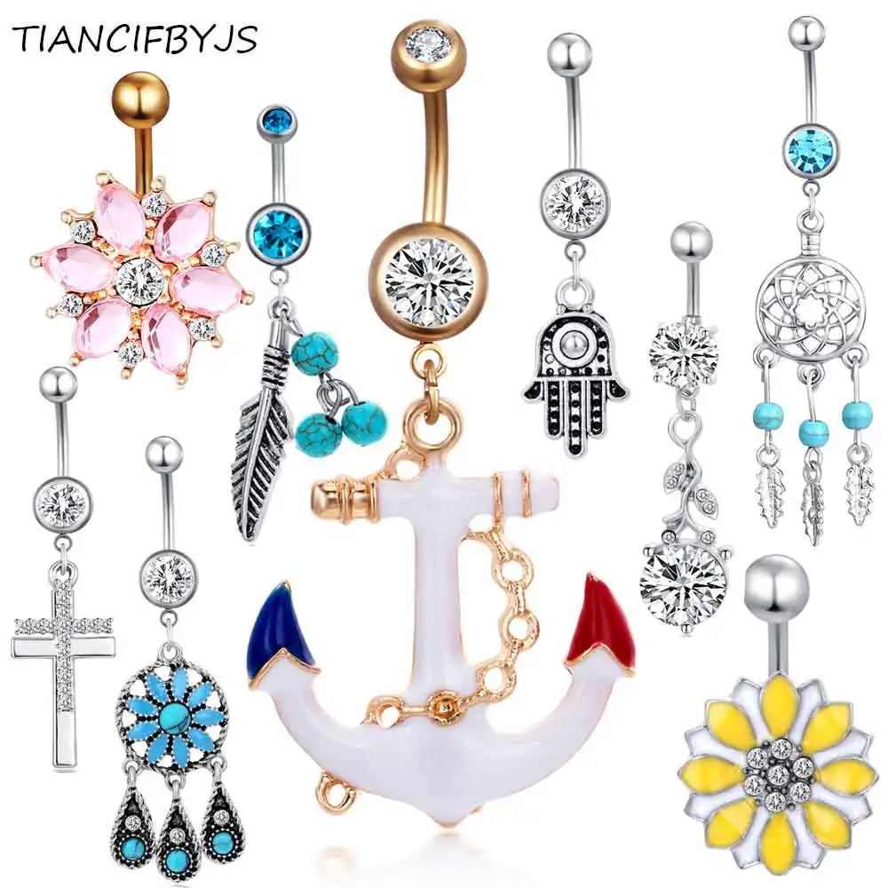 

TIANCIFBYJS 1pcs Steel Belly Button Rings Crystal Piercing Nombril Navel Pircing Earring Gold Navel Belly Bar Body Jewelry Drop