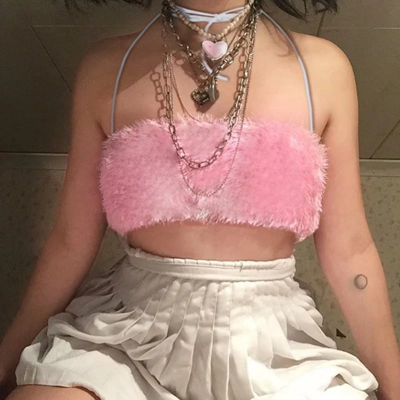 

Gothic Lolita Punk Hollow Lace-Up Faux Fur Plush Warm Off Shoulder Halter Backless Pink Crop Top Women Bustier Bralette Cami Tee