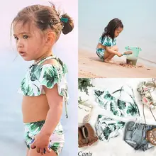 Милые детские топы с цветочным рисунком для маленьких девочек, штаны, повседневные пляжные костюмы с принтом зеленых листьев