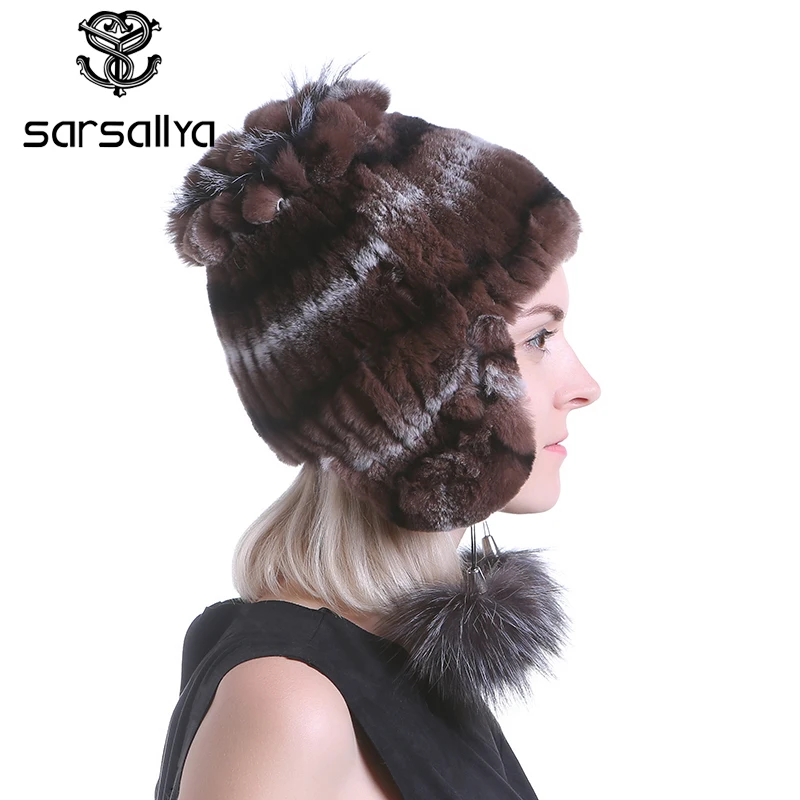 

SARSALLYA Winter fur hat for women real rex rabbit fur hat with fox fur pom poms fur knitted beanies new fashion good quality c