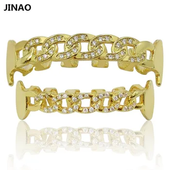 

JINAO New Fit Hip Hop Gold Fang Teeth Grillz Caps Micro Pave CZ Stone Men Women Chain Shape Top&Bottom Vampire Grills Set