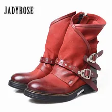 Jady Роза винтаж красный женские ботильоны боковая молния ремни пояса из натуральной кожи короткие botas осень зима женская обувь на платформеботинки для верховой езды