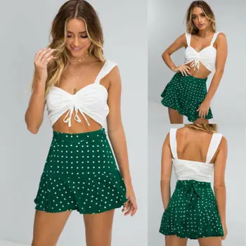 

Womens High Waist Stretch Skater Flared Pleated Swing Polka Dot Mini Skirt Dress