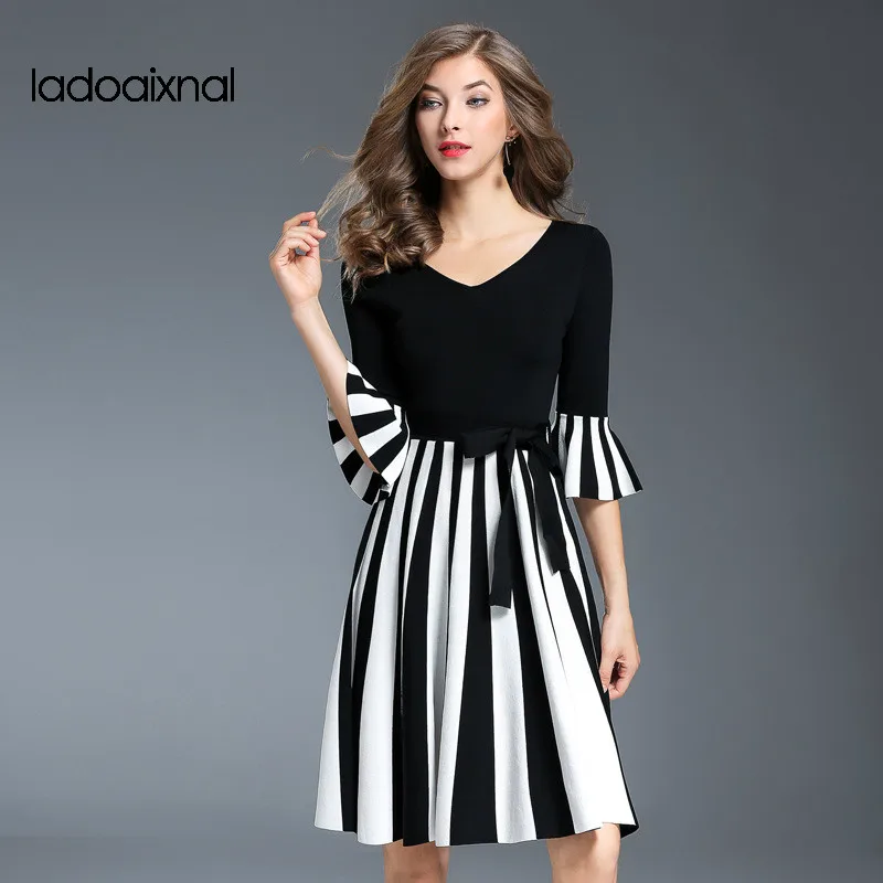 Iadoaixnal 2017 autumn new knitted stripe women dress v neck three quarter flare sleeve patchwork elegant