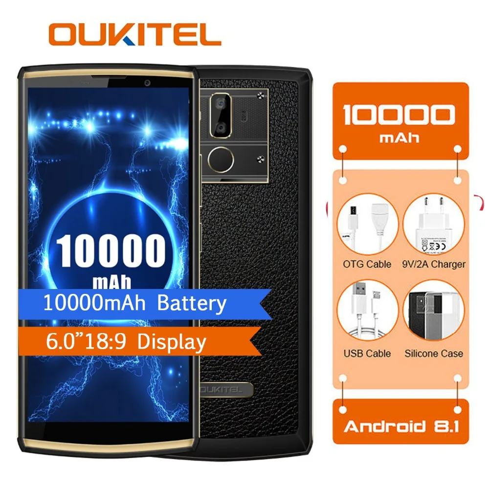 OUKITEL K7 Мощность 2G Оперативная память 16G Встроенная память мобильного телефона Android 8,1 MT6750T Octa Core 6,0 "HD + 13.0MP + 2.0MP 10000 mAh отпечатков пальцев