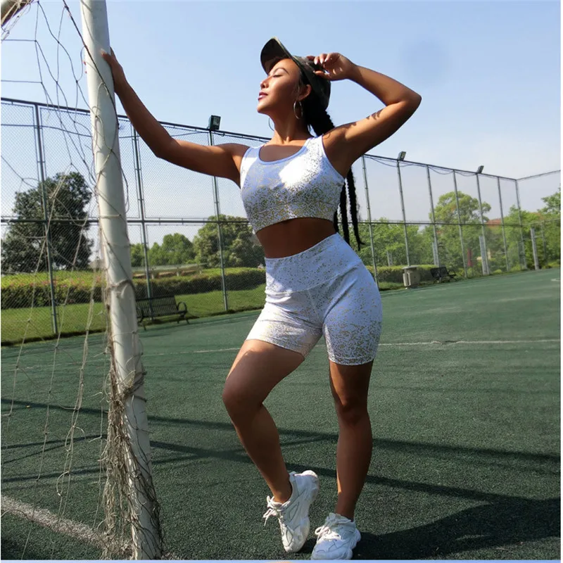

Summer High Waist Sexy Women White Running Sports Short Pants +Tops Suit Fashion O-neck Sleeveless 2019 Women Clothes