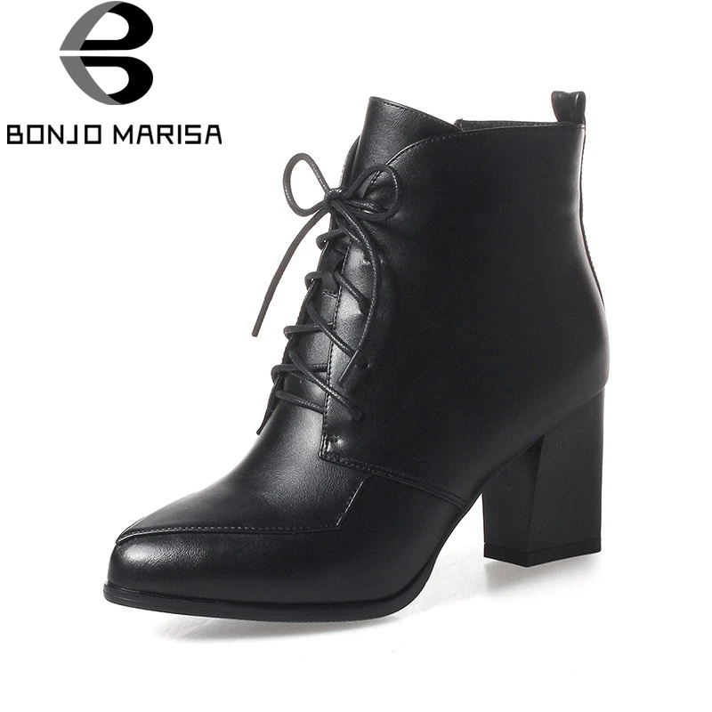 

BONJOMARISA Autumn Winter Women Warm Short Plush Ankle Boots Big Size 33-43 Pointed Toe Lace Up Shoes Woman High Chunky Heels