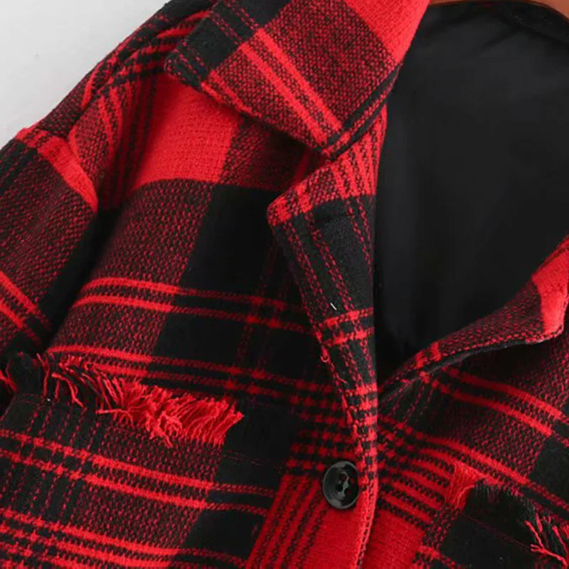 Wonder 2018 Новая осень Винтаж Plaid Fringe твид Overshirt пальто воротник с лацканами длинным
