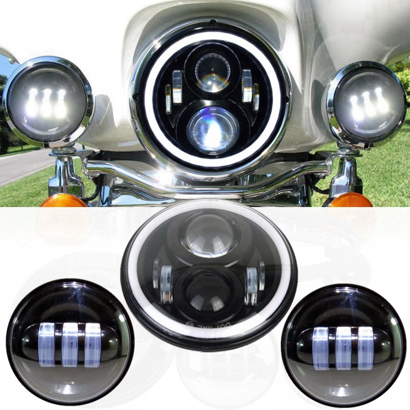 

7" Round Angel Eye Led HALO MOTORCYCLE Projector Daymaker Hi/Lo Headlight 4.5" Foglight KIT For Harley Touring