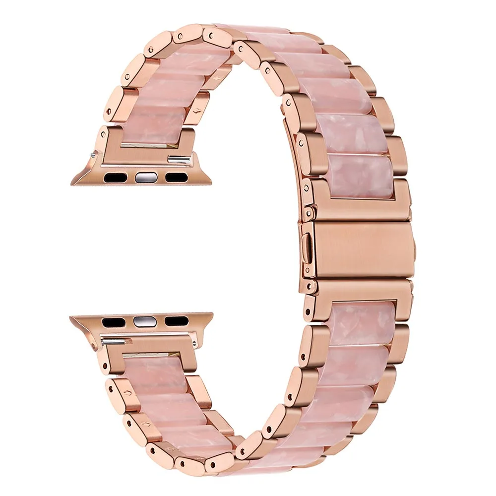 Для женщин Смола+ Нержавеющая сталь ремешок для наручных часов Apple Watch, версии наручных часов iWatch, 5, 4, 3, 2, 1, 44/40/42/38 мм браслет на запястье с металлическим браслетом, женский браслет - Цвет ремешка: Pink Rose Gold