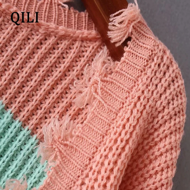 QILI New Multicolor Stripes Sweater Women Low Chest Deep V-neck Irregular Front And Rear Wear Fashion Lash Pullovers Sweater Top