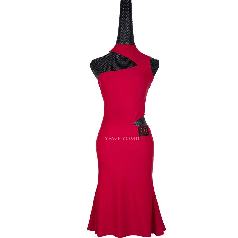 Высококачественное женское танцевальное платье без бретелек, черное, красное, для латинских танцев, спортивное платье, сексуальное платье для латинских танцев для девочек, UA98