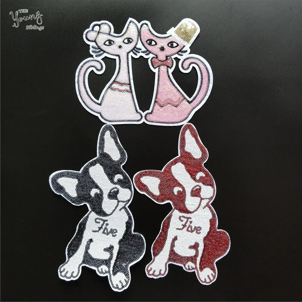 

Large size Cat Dog iron on patches Cartoon Animals Embroidered Applique Sequins stickers Stripes for Clothes DIY Accessories