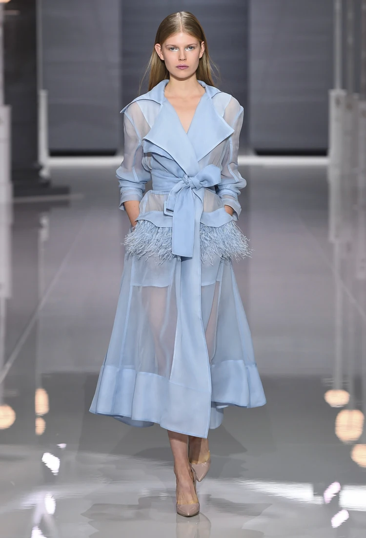 New Europe Runway Women Sexy Organza Through Trench Coat Feathers Tassel Belt Dress Summer Turn-Down Collar Long Coat Outerwear