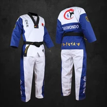 Uniforme de taekwondo para adultos y niños, traje de Taekwondo bordado, ropa de entrenamiento, color azul de alta calidad