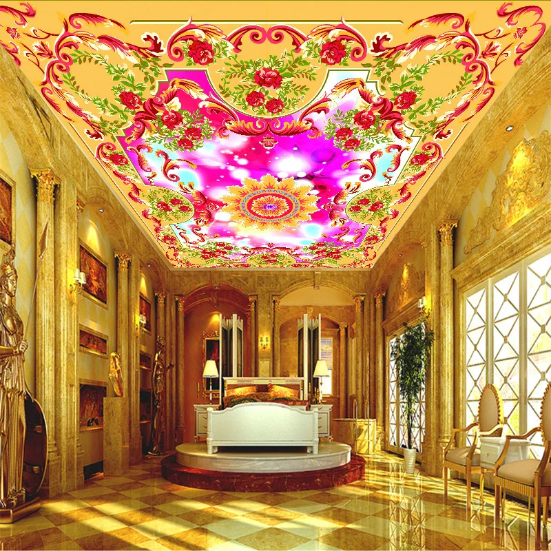 

3D customized colorful and beautiful ceiling wallpaper floral painting non-woven waterproof mural home improvement wall covering