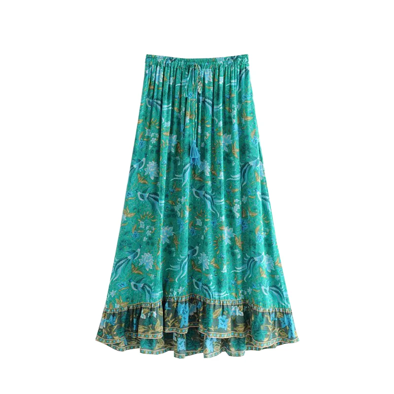 

GYPSY Boho Chic Summer Vintage Floral Bird Print Pleated Maxi Skirt Women Fashion Elastic Waist Drawstring Tassel Beach Skirts