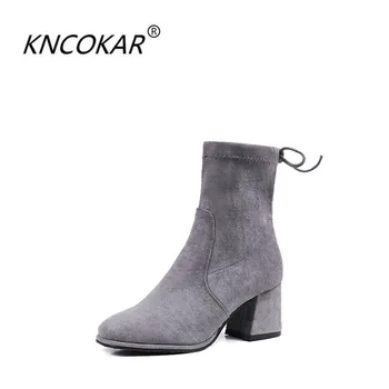 

New autumn winter 2018 female middle boots low heel show thin stretch boots thick bottom long boots female