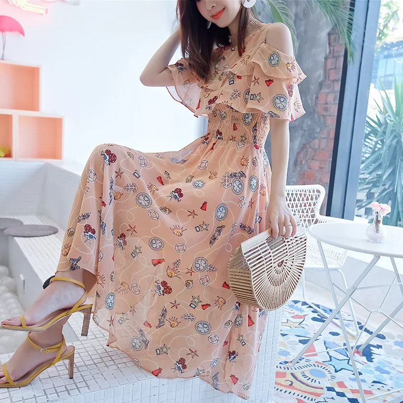 

2019 Spring Summer New Bohemian Floral White Round Neck Chiffon Long Korean Temperament Slim Retro Elegant Strap Dress Vestidos