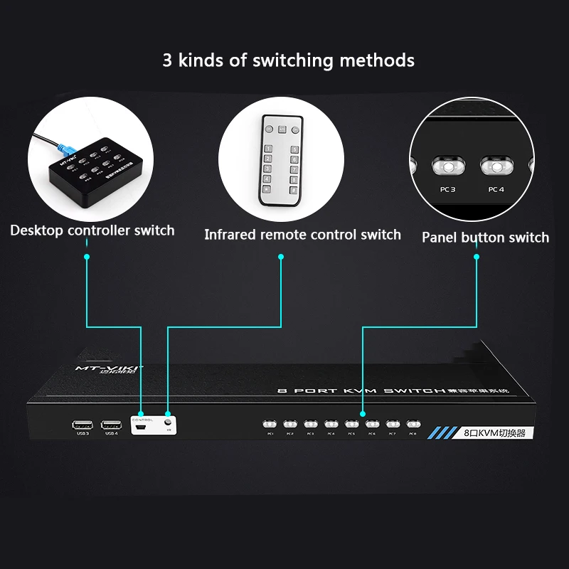 MT-Viki KVM Switch 8 Port Smart Manual Press Button VGA USB Wired Remote Extension Switcher 1U with Original Cable MT-801UK-C