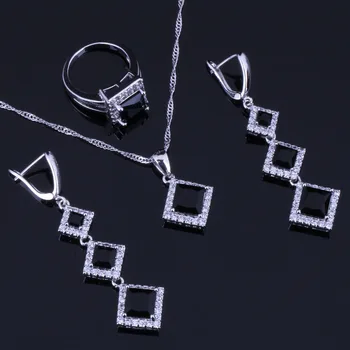 

Smooth Square Black Cubic Zirconia White CZ Silver Plated Jewelry Sets Earrings Pendant Chain Ring V0259