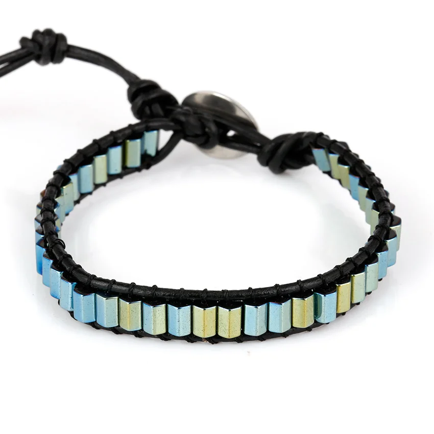 Moories Green Hematite Wrap Leather Boho Bracelet Stainless Steel Buckle Women's Bohemian Stones Beads Adjustable Bracelets for Woman
