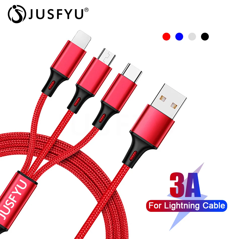 

JUSFYU 3 in 1 Charging Cable Micro USB Type C Multiple Joints 3A for iPhone X/Huawei/Samsung/Xiaomi 1.2m Nylon Fast Charger Cord