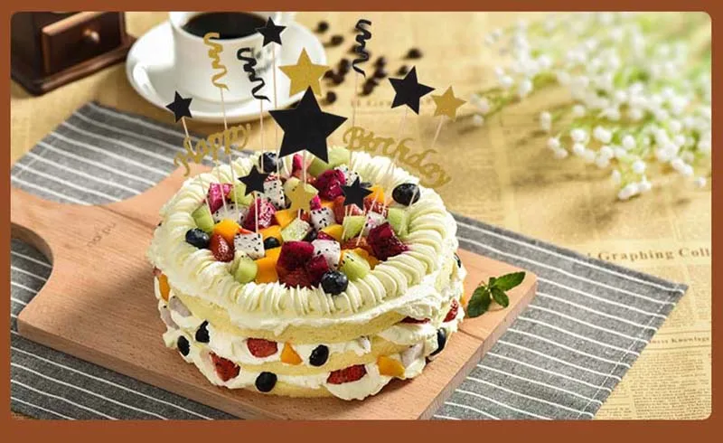 Топперы для торта на день рождения, черные золотые звезды, флаг для торта, полоска для именинного пирога, Декор, сделай сам, 2 комплекта