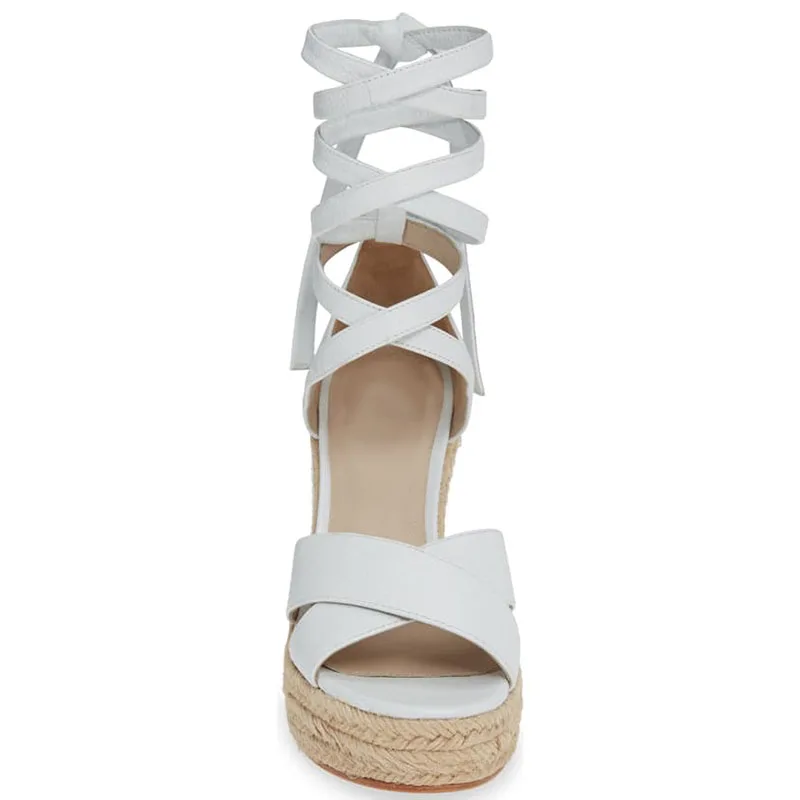Rome Gladiator Solid White Lace-up Cross-Tied Platform Super High Wedges Heels Ankle-Wrap Leisure Fashion Concise Summer