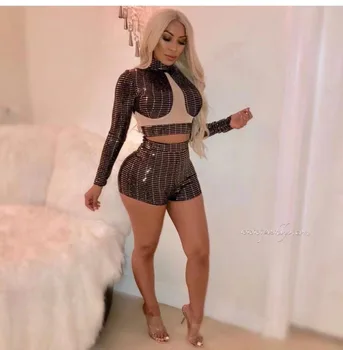 

New Fashion Sexy Women Sets Turtleneck Tops Sequined High Street Evening Party Sets Top Quality