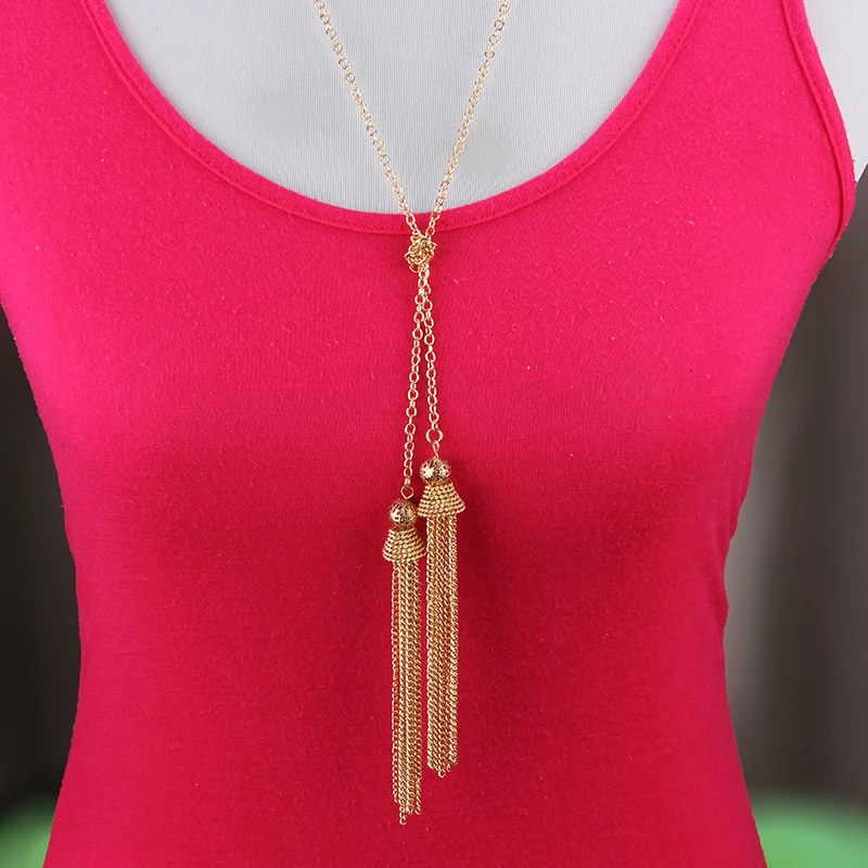 Big tassel gold jewelry copper choker women's Long Chain necklace Yellow Tassels pendants